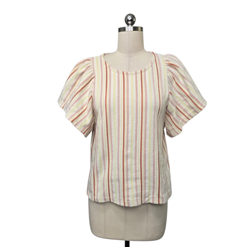 Madewell Women's Size Small Puff Sleeve Jacquard Stripe Top Orange Yellow Crew